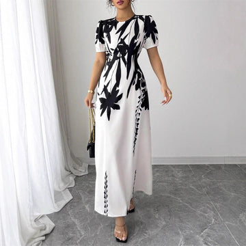 Women's Fashion Round Neck Printed Bubble Sleeve Long Dress