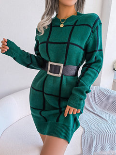 Casual Color Block Plaid Long Sleeve Sweater Dress