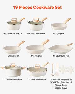 19 Piece Pots And Pans Set Nonstick, Granite Cookware Set, Induction Cookwares, Kitchen RV Cooking Sets With Frying, Sauce, Saute, Tempered Glass Lids, And Pan Protectors, White