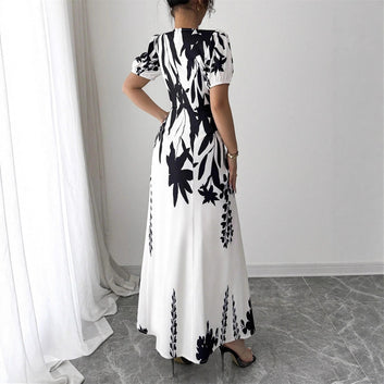 Women's Fashion Round Neck Printed Bubble Sleeve Long Dress