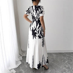 Women's Fashion Round Neck Printed Bubble Sleeve Long Dress